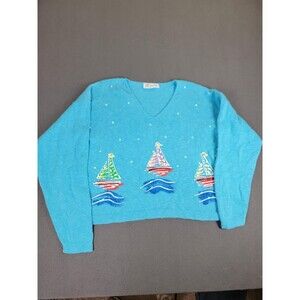 Vintage Victoria Sweater‎ Womens Medium Sailboat Nautical Pullover USA Made 80s